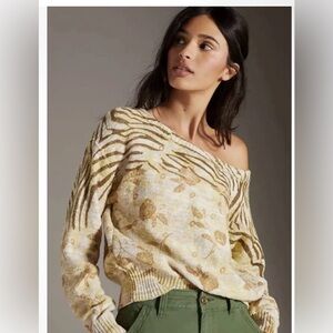 ⭐️NWT Pilcro by Anthropologie Off the Shoulder Floral Animal Print Sweater⭐️